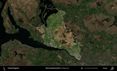 Batı Dunbartonshire. Birleşik Krallık 'ın idari alanı, Mayıs 2017' de çekilen Kopernik Nöbetçi karolarından oluşan koyu renkli bir uydu görüntüsü üzerinde vurgulandı ve özetlendi.