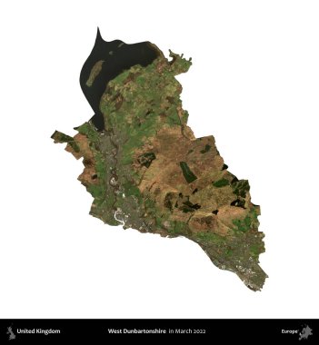 Batı Dunbartonshire. Birleşik Krallık 'ın idari alanı, Mart 2022' de çekilen Kopernik Nöbetçi karolarından oluşan bir uydu görüntüsü üzerinde beyaza izole edilmiştir.