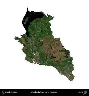 Batı Dunbartonshire. Birleşik Krallık 'ın idari alanı, Mayıs 2023' te çekilen Kopernik Nöbetçi karolarından oluşan bir uydu görüntüsü üzerinde beyaza izole edilmiştir.