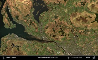 Batı Dunbartonshire. Mart 2022 'de çekilen Kopernik Nöbetçi karolarından oluşan bir uydu görüntüsü üzerinde Birleşik Krallık' ın idari alanı