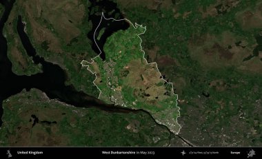 Batı Dunbartonshire. Birleşik Krallık 'ın idari alanı, Mayıs 2023' te çekilen Kopernik Nöbetçi karolarından oluşan koyu renkli bir uydu görüntüsü üzerinde vurgulandı ve özetlendi.