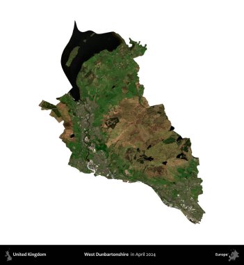 Batı Dunbartonshire. Birleşik Krallık 'ın idari alanı, Nisan 2024' te çekilen Kopernik Nöbetçi karolarından oluşan bir uydu görüntüsü ile beyaza izole edilmiştir.