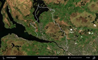 Batı Dunbartonshire. Nisan 2024 'te çekilen Kopernik Nöbetçi karolarından oluşan bir uydu görüntüsü üzerinde Birleşik Krallık' ın idari bölgesinin ana hatlarını belirledik.