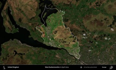 Batı Dunbartonshire. Birleşik Krallık 'ın idari alanı, Nisan 2024' te çekilen Kopernik Nöbetçi karolarından oluşan koyu renkli bir uydu görüntüsü üzerinde vurgulandı ve özetlendi.