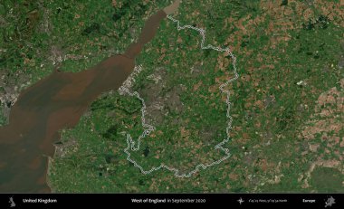 İngiltere 'nin batısında. Eylül 2020 'de çekilen Kopernik Nöbetçi karolarından oluşan bir uydu görüntüsü üzerinde Birleşik Krallık' ın idari bölgesini özetledik.