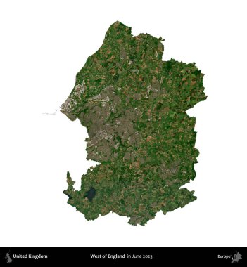 İngiltere 'nin batısında. Birleşik Krallık 'ın idari alanı, Haziran 2023' te çekilen Kopernik Nöbetçi karolarından oluşan bir uydu görüntüsü üzerinde beyaza izole edilmiştir.