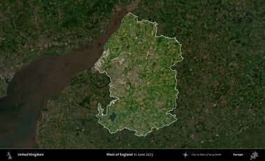 İngiltere 'nin batısında. Birleşik Krallık 'ın idari alanı, Haziran 2023' te çekilen Kopernik Nöbetçi karolarından oluşan koyu renkli bir uydu görüntüsüyle vurgulanmış ve özetlenmiştir.
