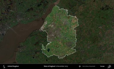 İngiltere 'nin batısında. Birleşik Krallık 'ın idari alanı, Kasım 2023' te çekilen Kopernik Nöbetçi karolarından oluşan koyu renkli bir uydu görüntüsü üzerinde vurgulandı ve özetlendi.