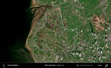 Batı Lancashire. Mayıs 2017 'de çekilen Copernicus Sentinel karolarından oluşan bir uydu görüntüsü üzerinde Birleşik Krallık' ın idari bölgesinin ana hatlarını belirledik.