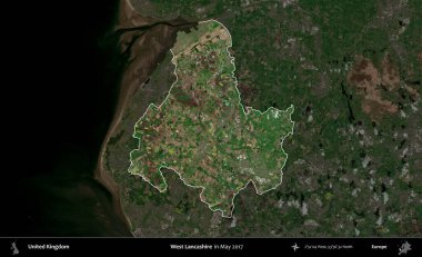 Batı Lancashire. Birleşik Krallık 'ın idari alanı, Mayıs 2017' de çekilen Kopernik Nöbetçi karolarından oluşan koyu renkli bir uydu görüntüsü üzerinde vurgulandı ve özetlendi.