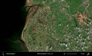 Batı Lancashire. Mayıs 2017 'de Copernicus Sentinel karolarından oluşan bir uydu görüntüsü üzerinde Birleşik Krallık' ın idari alanı