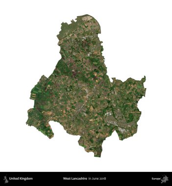 Batı Lancashire. Birleşik Krallık 'ın idari alanı, Haziran 2018' de çekilen Kopernik Nöbetçi karolarından oluşan bir uydu görüntüsüyle beyaza izole edilmiştir.