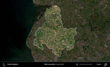 Batı Lancashire. Birleşik Krallık 'ın idari alanı, Haziran 2018' de çekilen Kopernik Nöbetçi karolarından oluşan koyu renkli bir uydu görüntüsü üzerinde vurgulandı ve özetlendi.