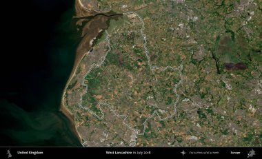 Batı Lancashire. Temmuz 2018 'de çekilen Copernicus Sentinel karolarından oluşan bir uydu görüntüsü üzerinde Birleşik Krallık' ın idari bölgesinin ana hatlarını belirledik.