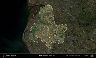 Batı Lancashire. Birleşik Krallık 'ın idari alanı, Temmuz 2018' de çekilen Kopernik Nöbetçi karolarından oluşan koyu renkli bir uydu görüntüsü üzerinde vurgulandı ve özetlendi.