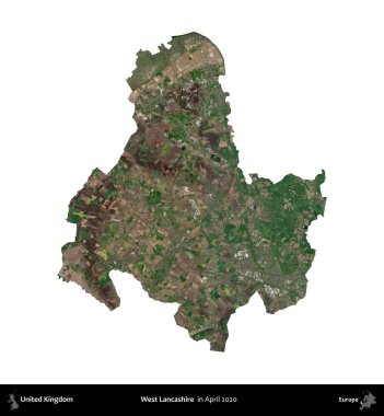 Batı Lancashire. Birleşik Krallık 'ın idari alanı, Nisan 2020' de çekilen Kopernik Nöbetçi karolarından oluşan bir uydu görüntüsü üzerinde beyaza izole edilmiştir.