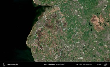 Batı Lancashire. Nisan 2020 'de çekilen Kopernik Nöbetçi karolarından oluşan bir uydu görüntüsü üzerinde Birleşik Krallık' ın idari alanının ana hatlarını belirledik.