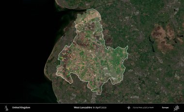 Batı Lancashire. Birleşik Krallık 'ın idari alanı, Nisan 2020' de çekilen Kopernik Nöbetçi karolarından oluşan koyu renkli bir uydu görüntüsü üzerinde vurgulandı ve özetlendi.