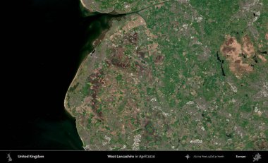 Batı Lancashire. Nisan 2020 'de çekilen Kopernik Nöbetçi karolarından oluşan bir uydu görüntüsü üzerinde Birleşik Krallık' ın idari alanı