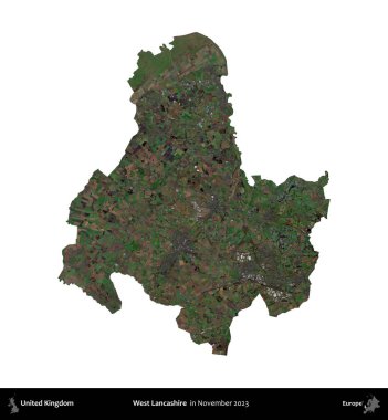 Batı Lancashire. Birleşik Krallık 'ın idari alanı, Kasım 2023' te çekilen Kopernik Nöbetçi karolarından oluşan bir uydu görüntüsü üzerinde beyaza izole edilmiştir.