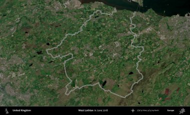 Batı Lothian. Haziran 2018 'de çekilen Kopernik Nöbetçi karolarından oluşan bir uydu görüntüsü üzerinde Birleşik Krallık' ın idari alanının ana hatlarını belirledik.