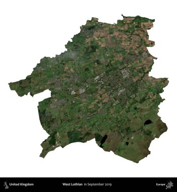 Batı Lothian. Birleşik Krallık 'ın idari alanı, Eylül 2019' da çekilen Kopernik Nöbetçi karolarından oluşan bir uydu görüntüsü üzerinde beyaza izole edilmiştir.