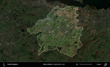 Batı Lothian. Birleşik Krallık 'ın idari alanı, Eylül 2019' da çekilen Kopernik Nöbetçi karolarından oluşan koyu renkli bir uydu görüntüsü üzerinde vurgulandı ve özetlendi.