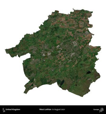 Batı Lothian. Birleşik Krallık 'ın idari alanı, Ağustos 2021' de çekilen Kopernik Nöbetçi karolarından oluşan bir uydu görüntüsü üzerinde beyaza izole edilmiştir.