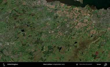 Batı Lothian. Eylül 2019 'da çekilen Kopernik Nöbetçi karolarından oluşan bir uydu görüntüsü üzerinde Birleşik Krallık' ın idari alanı