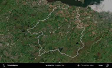 Batı Lothian. Ağustos 2021 'de çekilen Kopernik Nöbetçi karolarından oluşan bir uydu görüntüsü üzerinde Birleşik Krallık' ın idari bölgesinin ana hatlarını belirledik.