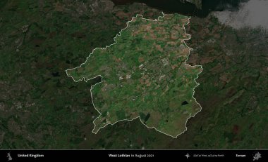 Batı Lothian. Birleşik Krallık 'ın idari alanı, Ağustos 2021' de çekilen Kopernik Nöbetçi karolarından oluşan koyu renkli bir uydu görüntüsü üzerinde vurgulandı ve özetlendi.