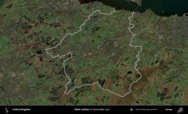 Batı Lothian. Kasım 2021 'de çekilen Kopernik Nöbetçi karolarından oluşan bir uydu görüntüsü üzerinde Birleşik Krallık' ın idari bölgesinin ana hatlarını belirledik.