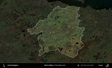 Batı Lothian. Birleşik Krallık 'ın idari alanı, Kasım 2021' de çekilen Kopernik Nöbetçi karolarından oluşan koyu renkli bir uydu görüntüsü üzerinde vurgulandı ve özetlendi.
