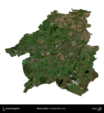 Batı Lothian. Birleşik Krallık 'ın idari alanı, Eylül 2023' te çekilen Kopernik Nöbetçi karolarından oluşan bir uydu görüntüsü üzerinde beyaza izole edildi.