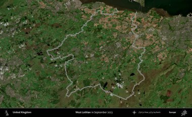 Batı Lothian. Eylül 2023 'te çekilen Kopernik Nöbetçi karolarından oluşan bir uydu görüntüsü üzerinde Birleşik Krallık' ın idari bölgesinin ana hatlarını belirledik.