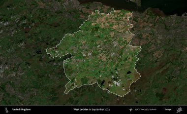 Batı Lothian. Birleşik Krallık 'ın idari alanı, Eylül 2023' te çekilen Kopernik Nöbetçi karolarından oluşan koyu renkli bir uydu görüntüsü üzerinde vurgulandı ve özetlendi.