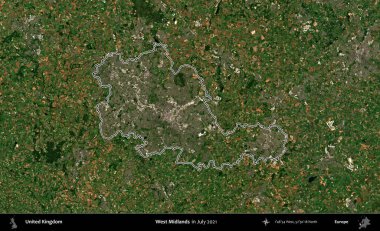 Batı Midlands. Temmuz 2021 'de çekilen Copernicus Sentinel karolarından oluşan bir uydu görüntüsü üzerinde Birleşik Krallık' ın idari bölgesinin ana hatlarını belirledik.