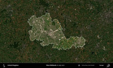 Batı Midlands. Birleşik Krallık 'ın idari alanı, Temmuz 2021' de çekilen Kopernik Nöbetçi karolarından oluşan koyu renkli bir uydu görüntüsü üzerinde vurgulandı ve özetlendi.