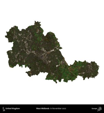 Batı Midlands. Birleşik Krallık 'ın idari alanı, Kasım 2022' de çekilen Kopernik Nöbetçi karolarından oluşan bir uydu görüntüsü üzerinde beyaza izole edilmiştir.