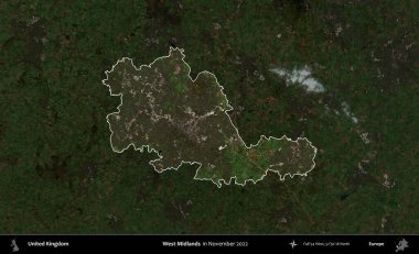 Batı Midlands. Birleşik Krallık 'ın idari alanı, Kasım 2022' de çekilen Kopernik Nöbetçi karolarından oluşan koyu renkli bir uydu görüntüsü üzerinde vurgulandı ve özetlendi.