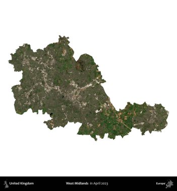 Batı Midlands. Birleşik Krallık 'ın idari alanı, Nisan 2023' te çekilen Kopernik Nöbetçi karolarından oluşan bir uydu görüntüsü üzerinde beyaza izole edilmiştir.
