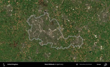 Batı Midlands. Nisan 2023 'te çekilen Kopernik Nöbetçi karolarından oluşan bir uydu görüntüsü üzerinde Birleşik Krallık' ın idari alanının ana hatlarını belirledik.