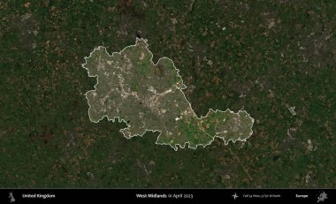 Batı Midlands. Birleşik Krallık 'ın idari alanı, Nisan 2023' te çekilen Kopernik Nöbetçi karolarından oluşan koyu renkli bir uydu görüntüsü üzerinde vurgulandı ve özetlendi.