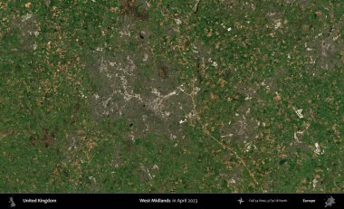 Batı Midlands. Nisan 2023 'te çekilen Kopernik Nöbetçi karolarından oluşan bir uydu görüntüsü üzerinde Birleşik Krallık' ın idari alanı