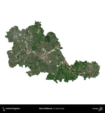 Batı Midlands. Birleşik Krallık 'ın idari alanı, Haziran 2024' te çekilen Kopernik Nöbetçi karolarından oluşan bir uydu görüntüsüyle beyaza izole edilmiştir.