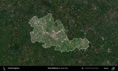 Batı Midlands. Birleşik Krallık 'ın idari alanı, Haziran 2024' te çekilen Kopernik Nöbetçi karolarından oluşan koyu renkli bir uydu görüntüsü üzerinde vurgulandı ve özetlendi.