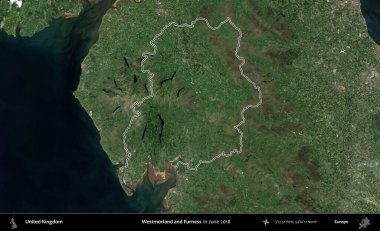 Westmorland ve Furness. Haziran 2018 'de çekilen Kopernik Nöbetçi karolarından oluşan bir uydu görüntüsü üzerinde Birleşik Krallık' ın idari alanının ana hatlarını belirledik.
