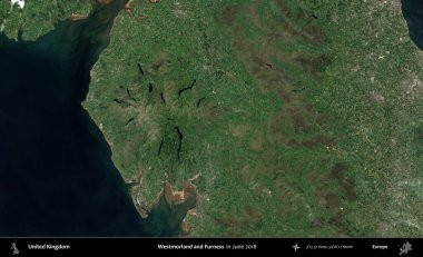 Westmorland ve Furness. Haziran 2018 'de çekilen Kopernik Nöbetçi karolarından oluşan bir uydu görüntüsü üzerinde Birleşik Krallık' ın idari alanı