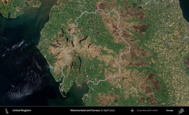 Westmorland ve Furness. Nisan 2020 'de çekilen Kopernik Nöbetçi karolarından oluşan bir uydu görüntüsü üzerinde Birleşik Krallık' ın idari alanının ana hatlarını belirledik.