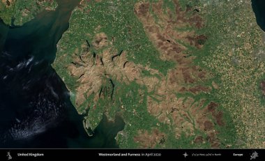 Westmorland ve Furness. Nisan 2020 'de çekilen Kopernik Nöbetçi karolarından oluşan bir uydu görüntüsü üzerinde Birleşik Krallık' ın idari alanı